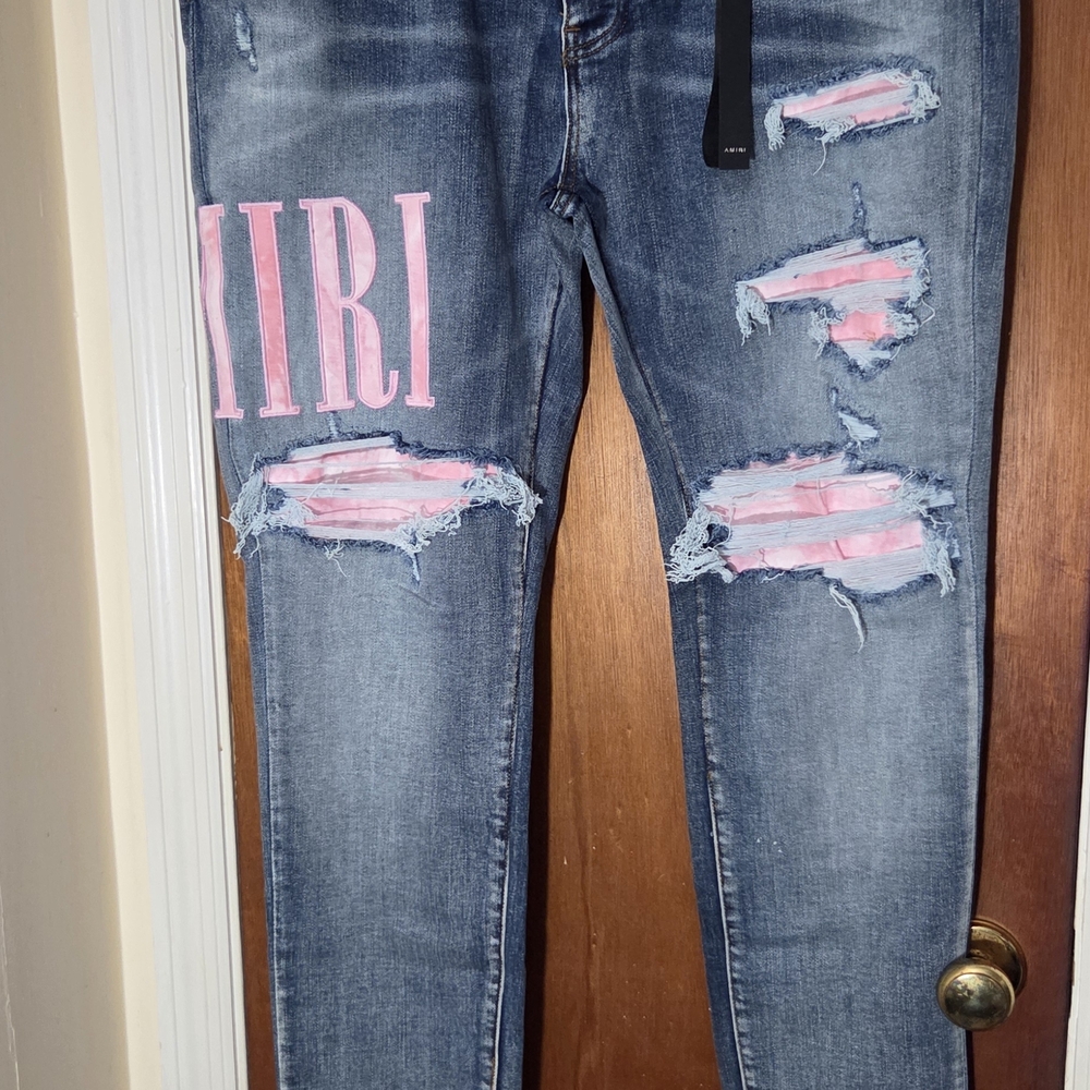 AMIRI Blue Denim Jeans with Pink Highlights